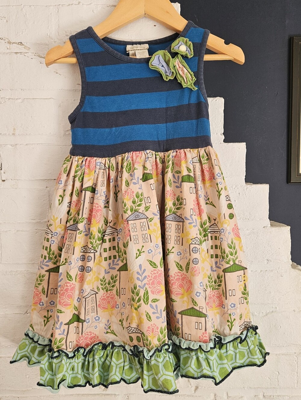 Matilda Jane Girls Dress Size 4 Blue Striped Floral Village Print